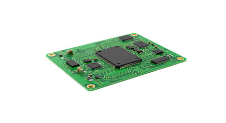 Small green microprocessor board with integrated chip components isolated on white background, ideal for embedded systems, electronic device development, and circuit design visuals