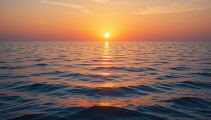 Fototapeta premium A serene sunset over a calm ocean, with the sun low on the horizon casting a golden reflection on the water. The sky transitions from warm orange to soft blue, creating a peaceful atmosphere