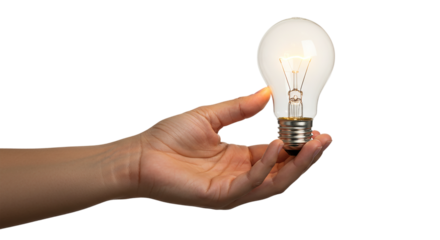 3D hand gently holding light bulb isolated on white background, ideal for green energy themes, electricity innovation, idea generation, sustainability concepts, and modern business visuals