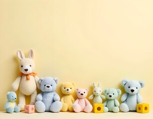 Obraz premium Pastel-Colored Stuffed Animals and Building Blocks on Yellow Background