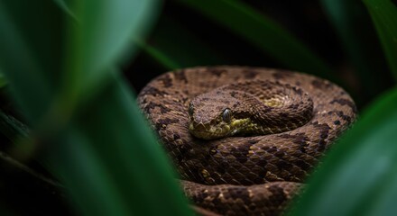 Brown Serpent Coiled Among Lush Green Foliage
