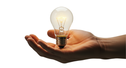 3D hand holding glowing light bulb isolated on white background, symbolizing innovation, creative ideas, inspiration, energy efficiency, and startup or brainstorming concept visuals