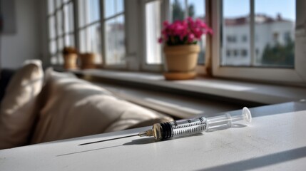 Fototapeta premium Close-up of a medical syringe on a white surface near a sunny window with potted plants in the background