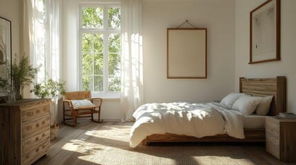 Bright minimalist bedroom with wooden furniture and large windows in daylight