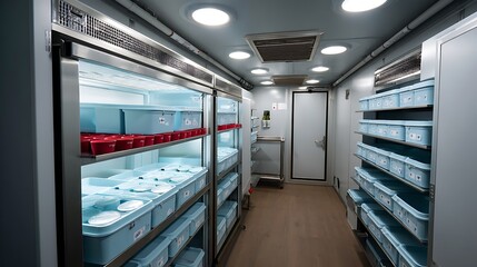 Modern Storage Facility with Refrigerated Units and Organized Shelving for Efficient Inventory Management