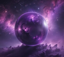 Fototapeta premium Ethereal orb glows, nestled in swirling purple nebulae , fantasy, cosmic scene