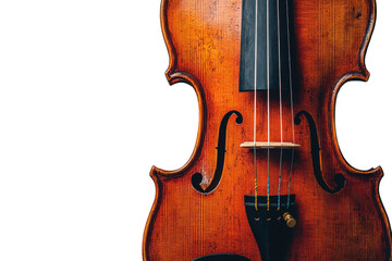 A vintage violin rests against a grey background showcasing its rich warm wood grain and intricate