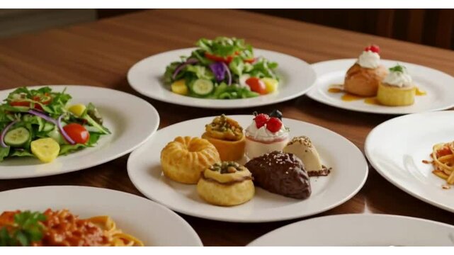 Sobre a mesa, v&aacute;rios pratos de comidas variadas &mdash; incluindo massas, saladas frescas, carnes grelhadas e sobremesas &mdash; todos arrumados de maneira harmoniosa e apetitosa.