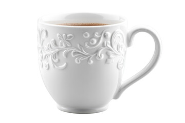 Obraz premium Elegant white mug embossed floral design perfect for tea or coffee soft light studio shot