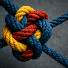 Verflochten &ndash; Knoten mehrfarbiger Seile als Symbol europ&auml;ischer Verbundenheit Interwoven &ndash; Knot of Multicolored Ropes Symbolizing European Cohesion