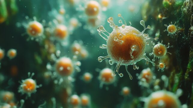Microscopic view of floating orange microorganisms in aquatic environment