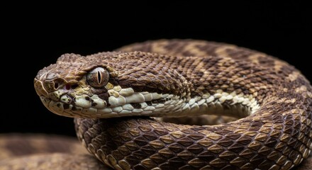 Obraz premium Closeup Of A Coiled Snake On A Dark Background