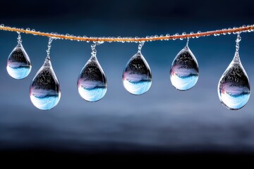 Raindrops reflecting vibrant landscape on wire