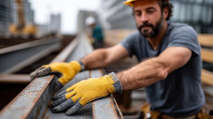 Construction Worker Wearing Gloves Installing Steel Beam at Urban Construction Site