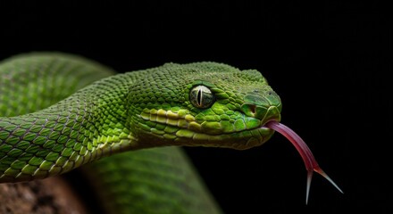 Obraz premium Closeup Of A Green Reptile With Forked Tongue Against A Dark Background
