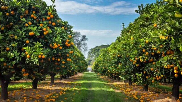 A wide photograph showcasing a lush 3 acre orange orchard with rows of vibrant citrus trees bearing ripe hanging fruit under a clear blue sky The scene depicts a tranquil