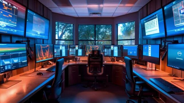 A video of a modern workspace with multiple monitors and technology is ideal for showcasing innovation, process technology, data management or IT infrastructure.
