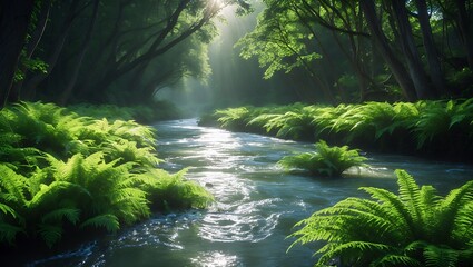 Fototapeta premium River flows through Fern filled Forest