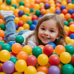 Obraz premium Happy Little Girl Playing in a Ball Pit