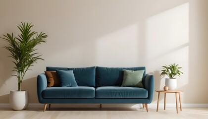Fototapeta premium Teal Velvet Sofa in Modern Living Room with Plants