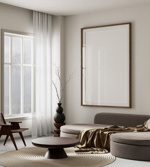 living room interior mock up with modern furnitures. Poster frame mock up in modern interior design. 3D illustration