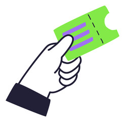 Illustration of a hand holding a green ticket, symbolizing access or entry.