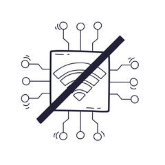 Fototapeta premium Microchip with WiFi symbol and slash, indicating no wireless connectivity.