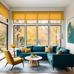 Fototapeta premium Modern Teal Sectional Sofa in Autumnal Living Room