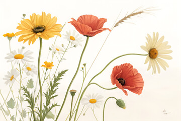 A few fully bloomed wildflowers, gently scattered and isolated on a transparent background. The set includes 2–4 vibrant sunflowers, 2 delicate daisies or chamomile flowers, and 1–2 vivid red poppies.