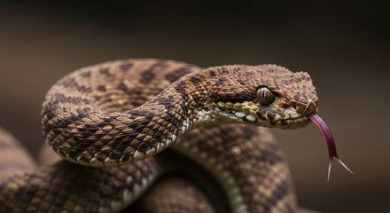 Naklejka premium Closeup Of Brown Spotted Snake Coiled On Dark Background With Forked Tongue
