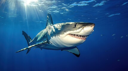 Fototapeta premium Great white shark swimming underwater in sunlit ocean