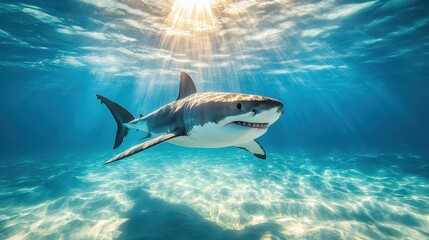 Obraz premium Great white shark swimming under sunlit ocean waters