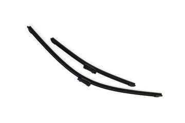 Pair of black windshield wipers on white background.