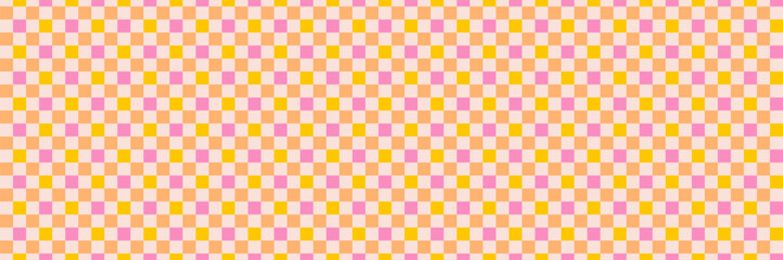 Retro colored checkerboard seamless pattern. Pink and orange square vector wallpaper.