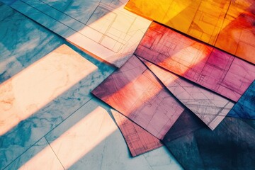 Sunlit architectural blueprints layered on a marble surface, showcasing design concepts.