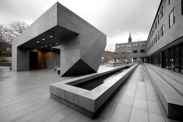 Obraz premium The image showcases a striking modern architectural design featuring bold geometric shapes, clean lines, and beautiful water elements that reflect an urban setting.