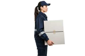 young woman  with a cardboard box delivery isolated on transparent background 
