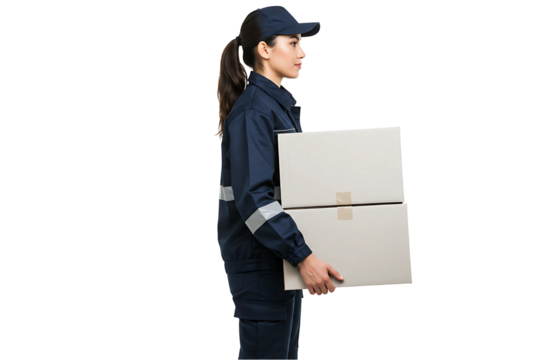 young woman  with a cardboard box delivery isolated on transparent background  - Powered by Adobe