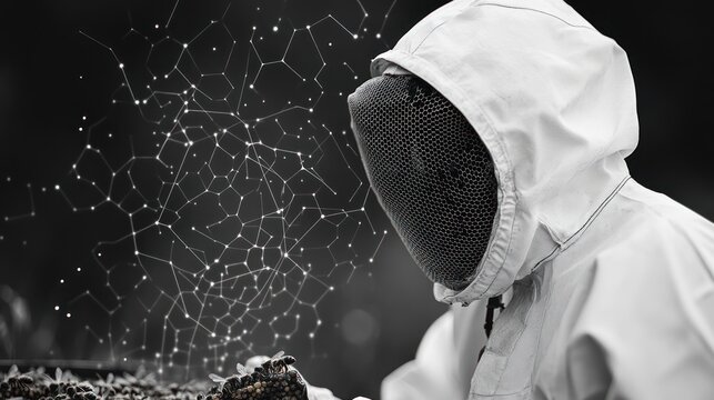 Beekeeper observing honeycomb, network graphic overlay - Powered by Adobe