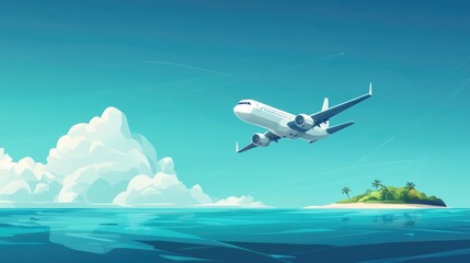 Naklejka premium Illustration of white airplane flying over tropical island with blue ocean. Vacation and travel concept background