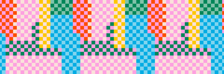 Retro color checkerboard seamless pattern. Pixeled graphic shapes background. Vector print template for textile, fabric covers, packaging and gift wrap.