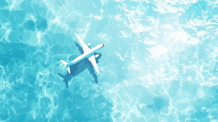 Fototapeta premium White airplane flying over clear blue ocean water with ripples and shadow. Vacation concept background