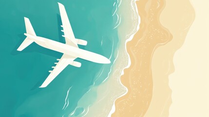 Stylized white airplane flying over blue sea and sandy beach coast view. Vacation concept background