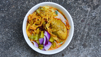 Northern Thai food (Khao Soi), Spicy curry noodles soup with chicken, Local Thai food
