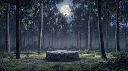 Mystical Moonlit Forest Stage Stone Platform.