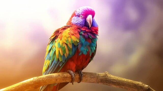 A colorful parrot perched on a tree branch. Smooth repeating motion for background video animation.