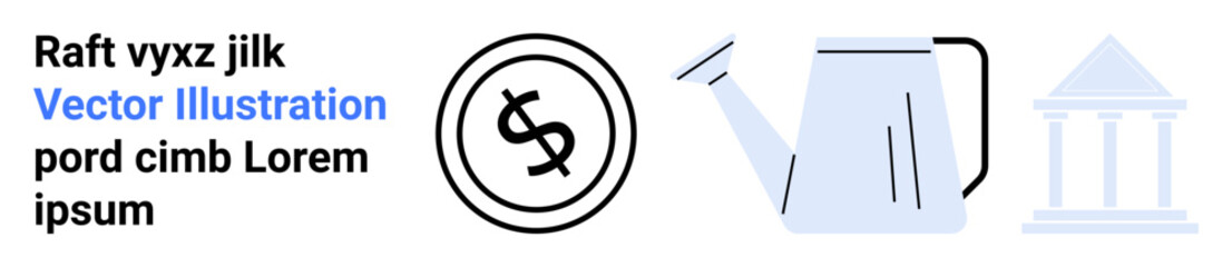 Dollar coin, watering can, and bank symbolize finance, investment, growth, savings, strategy, innovation and progress. Ideal for banking business planning personal finance ROI and abstract line