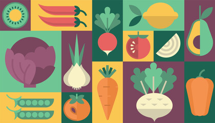 Vegetables fruits diet healthy food vegetarian background vector geometric menu poster icon set logo