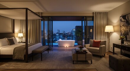 Luxury Hotel Bedroom with City View (Photo)