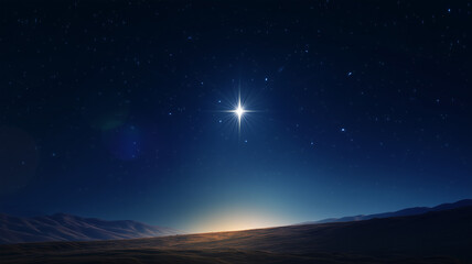 Bright nativity-themed Christmas star rising over peaceful desert landscape, starry night sky, hope and divine guidance, perfect for holiday religious visuals and greeting backgrounds
